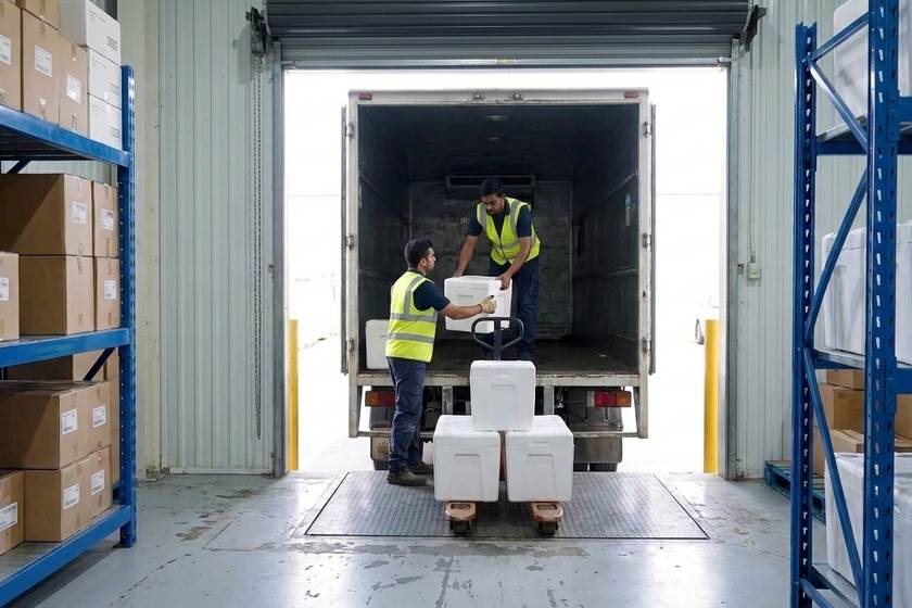 Thermo-insulated shipping boxes loaded from warehouse racking into an export truck