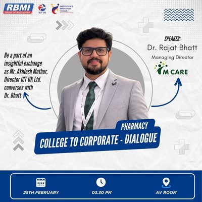 RBMI event poster, Pharmacy College-to-Corporate Dialogue with Dr Rajat Bhatt, 25 February 2026